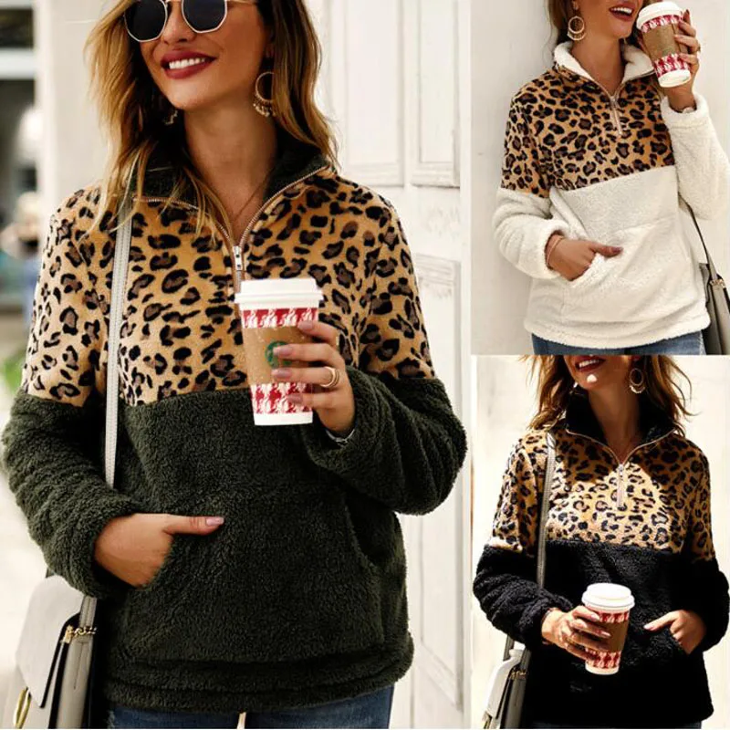 

2019 New Fashion Women Coats Cotton Plush Sweater Coat Leopard Stitching Long Sleeve Casual Warm Winter Autumn Loose Tops
