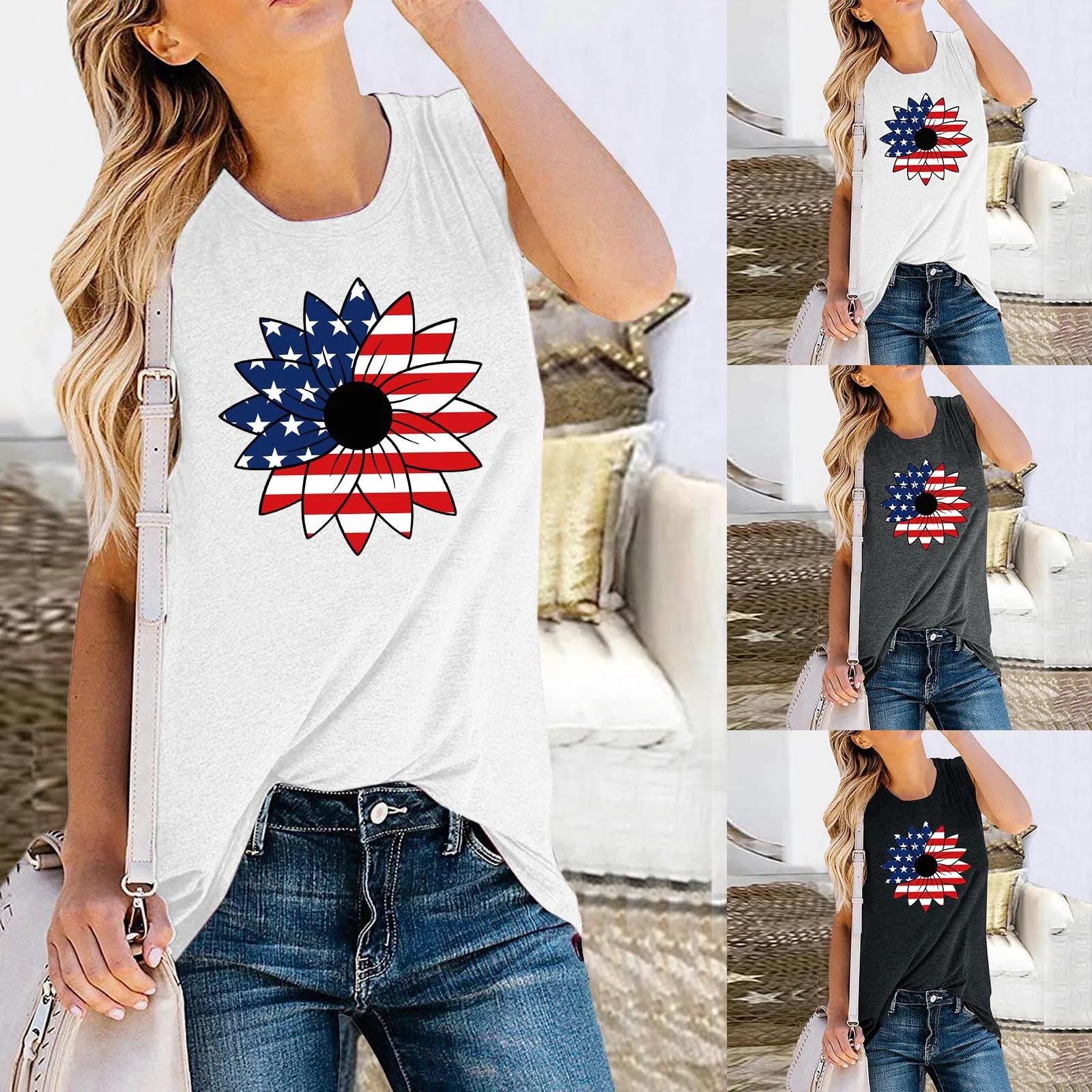 

Womens American Flag Short Sleeve Shirt Casual Stars And Stripes Patrio Tops