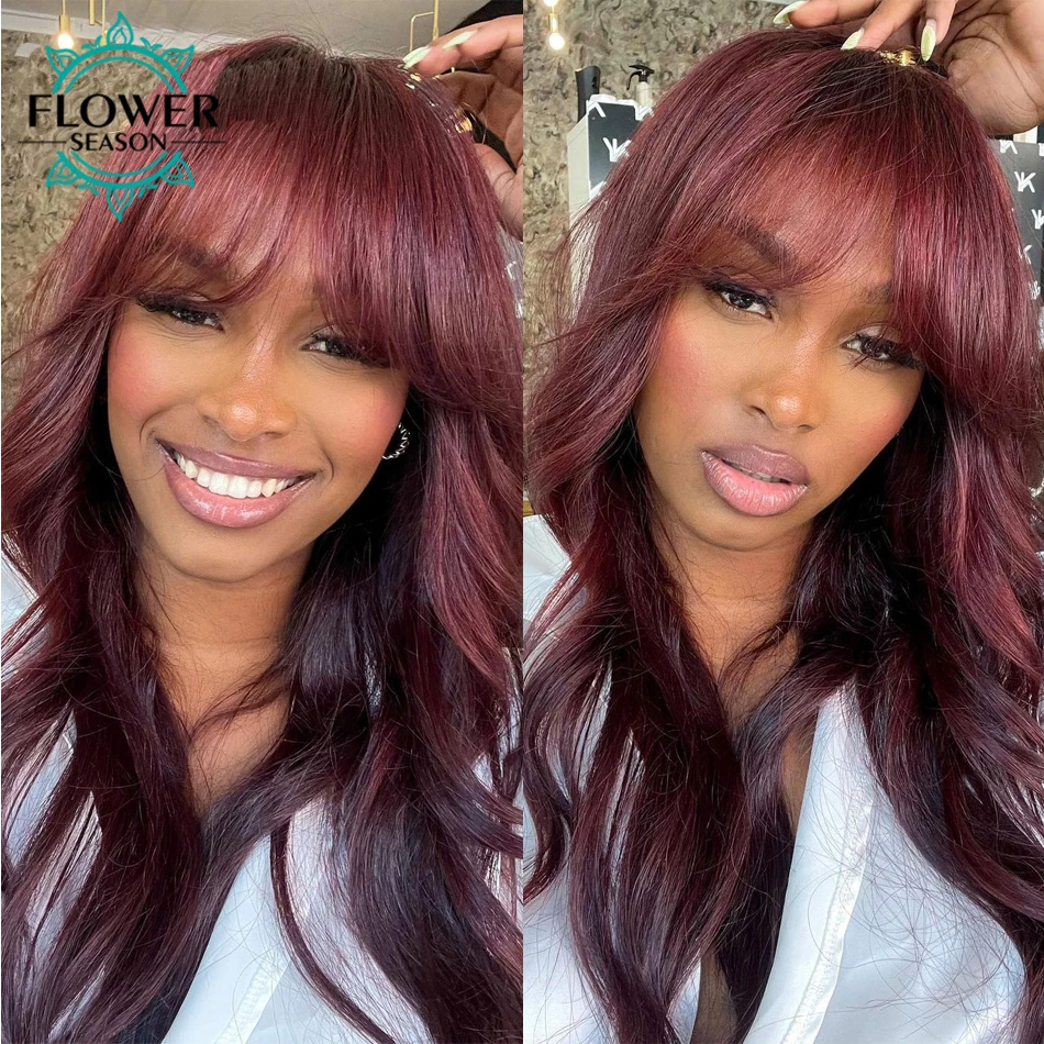 

Burgundy Body Wave Wig Full Machine Made Scalp Top Wig With Bangs 180% #99j Remy Indian Human Hair Wigs For Women Flowerseason