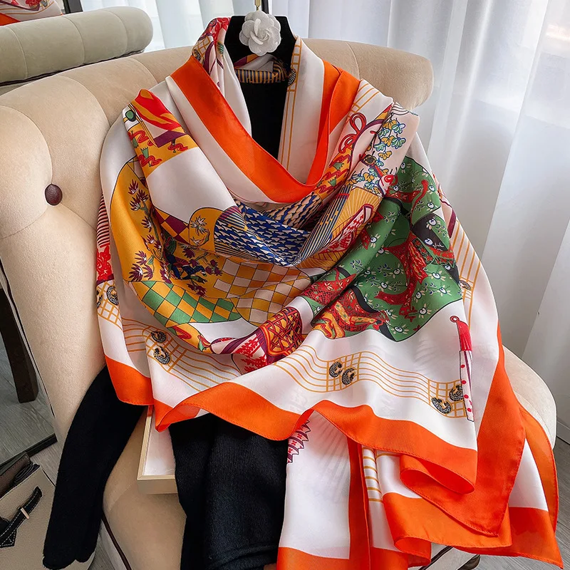 

Luxury brand Autumn and winter women New style Fashion Color matching Print silk scarf lady Popular headcloth beach shawl