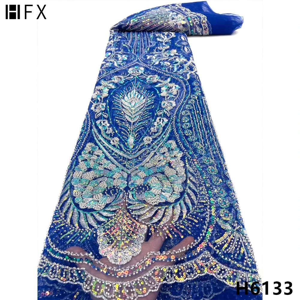 Синяя африканская сетчатая кружевная ткань HFX с блестками французская Тюлевая