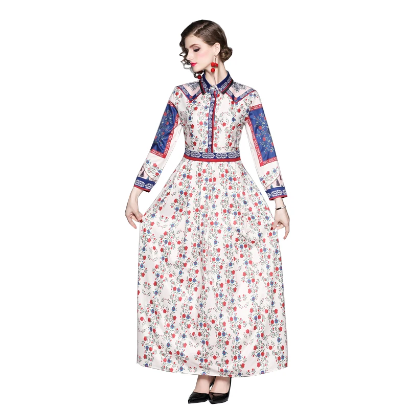 

Newest Summer Runway Designer Beach Shirt Dress Pink Floral Print Fashion Woman Robe Long Sleeve Elegant Party Casual Maxi Dress