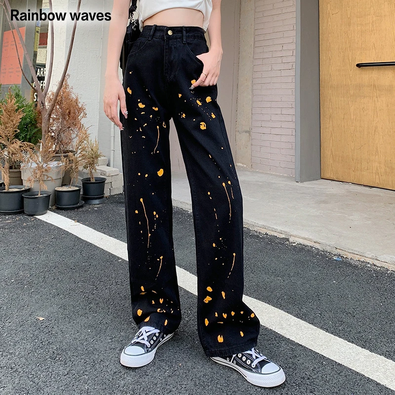 

Rainbowwaves High Street Ink Painted Casual Jeans for Women Ripped Straight Loose Denim Trousers Harajuku Hip Hop Jean Pants