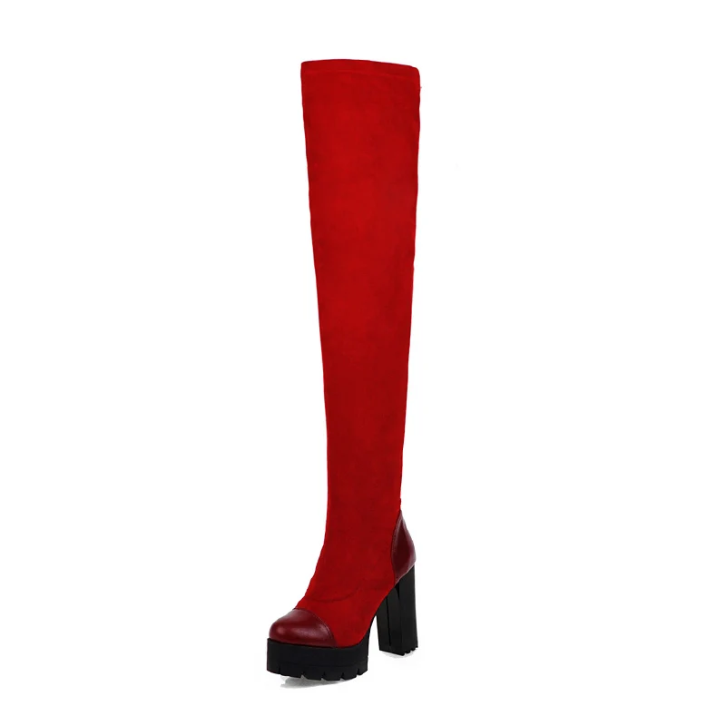 WETKISS Platform High Heels Boots Women Thigh High Boot Female Stitching Shoes Lady Round Toe Stretch Shoes Winter Plus Size 48 - Цвет: red short plush