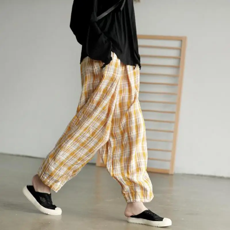 Брюки женские винтажные шаровары повседневные свободные брюки плед эластичная