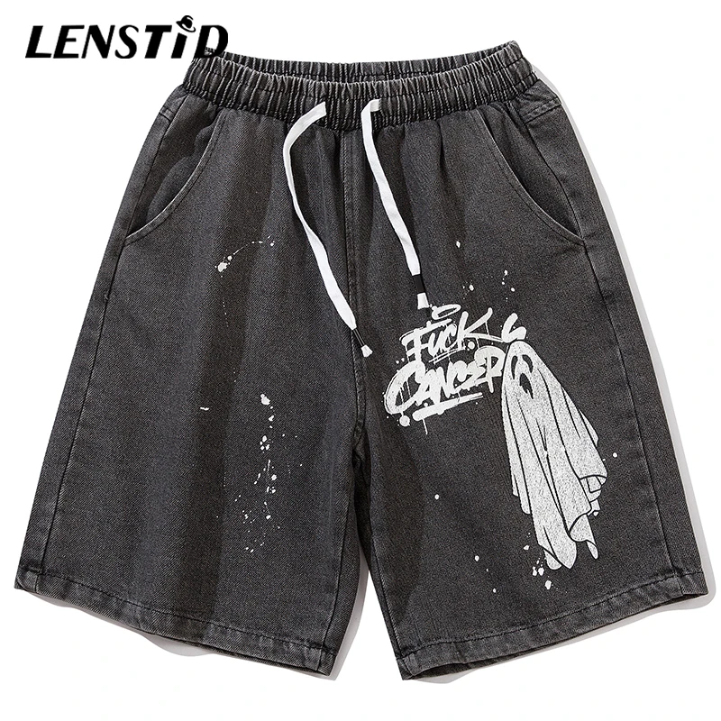 Джинсовые шорты LENSTID мужские в стиле хип-хоп уличная одежда с принтом Призрака и