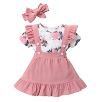 3pcs baby girl clothes set newborn baby short sleeve romper pink floral suspender skirt hair band 0 24 months girls dresses s