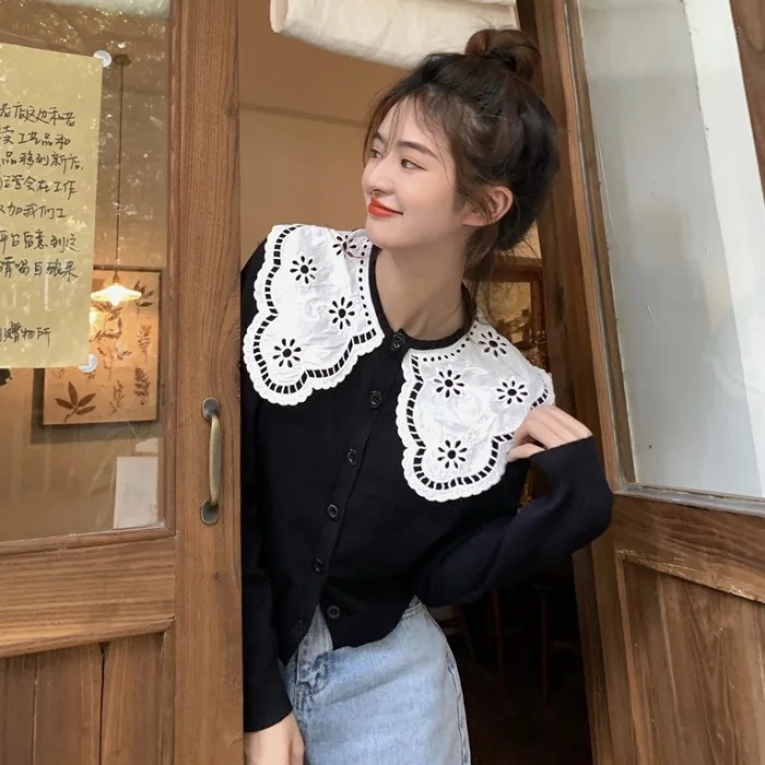 Женский однобортный свитер с кружевными лацканами Новинка осени 2021 модный