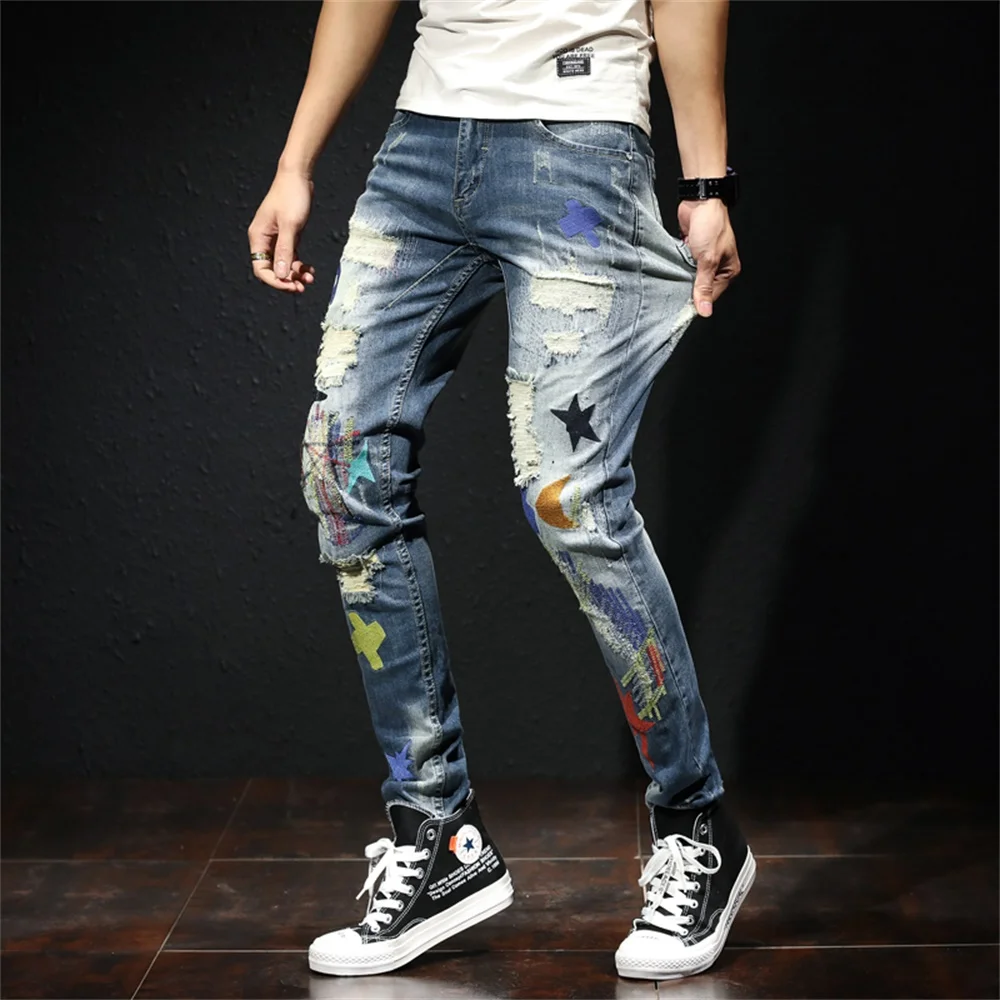 EH · MD®Рваные джинсы с надписью для мужчин мягкие повседневные свободные
