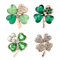 4pcsset green four leaf and rhinestones lapel pins beautiful crystal brooches for women jewelry gift