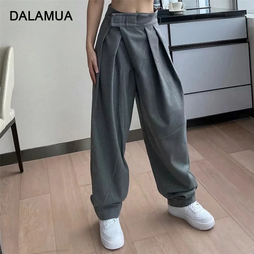 

Women Suit Pants Elastic High Waist Pleated Solid Color Office Lady White Black 2021 Spring New Casual Female Straight Trousers