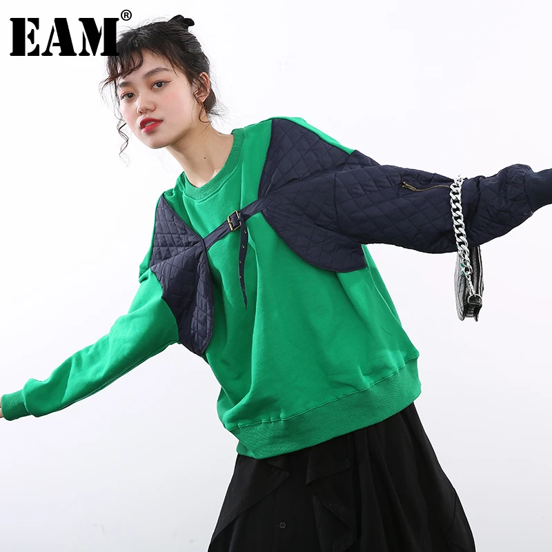 

[EAM] Loose Fit Contrast Color Green Sweatshirt New Round Neck Long Sleeve Women Big Size Fashion Tide Spring 2021 1M49706