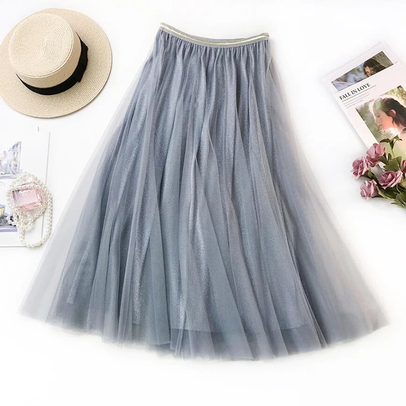 

Sequined Tulle Skirts Women 2020 Spring Summer Elastic High Waist Sweet Fluffy Tutu Party Skirt Female Elegant Long Skirt