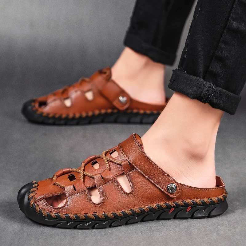 2020 Мужская обувь Летние повседневные сандалии на плоской подошве кожаные