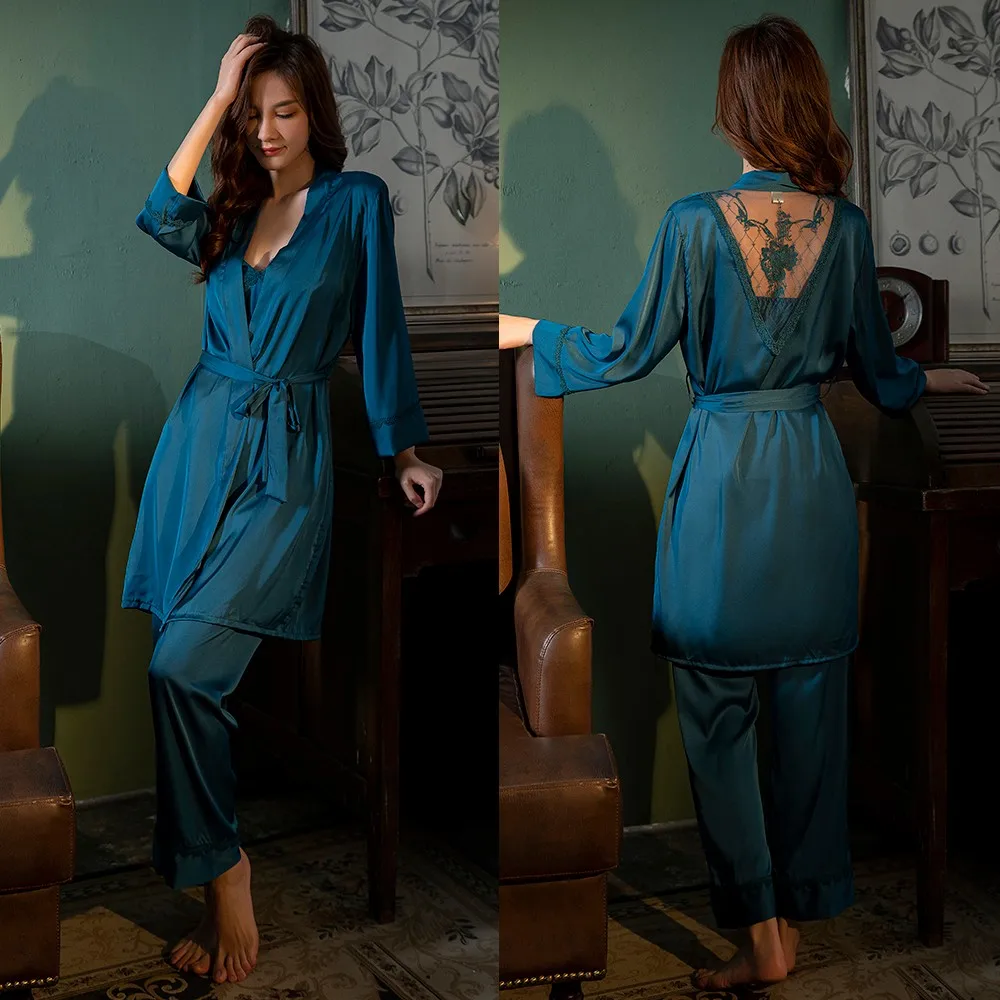 

Sleepwear Sexy Satin Women 5PCS Pajamas Set Lace Patchwork Perspective Kimono Bathrobe Gown Loose Lingerie With Pads PJS Suit