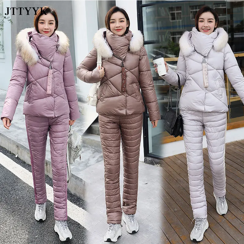Women Winter Down Cotton Jacket Suit Female Fashion Large lapel Fur Collar Pockets Warm Two piece Set Slim Outerwear Pants Coat