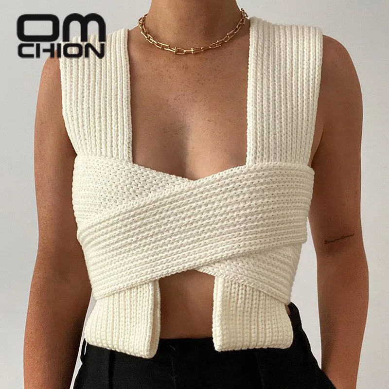 

OMCHION Pull 2021 Spring Summer Bow Cross Strap Knitted Vest Sweater Women Sexy Crop Top DIY Wear Clothing Sleevless Jumper LN08