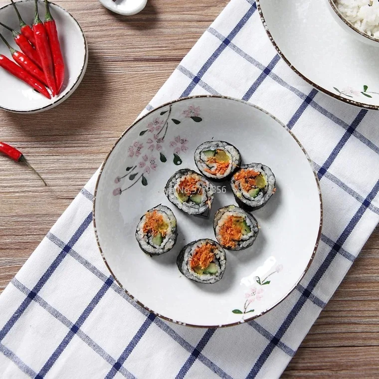 

Beautiful Cherry Blossom Simple 8-inch Rice Plate Dish Japanese Style High Temperature Underglaze Ceramic Tableware