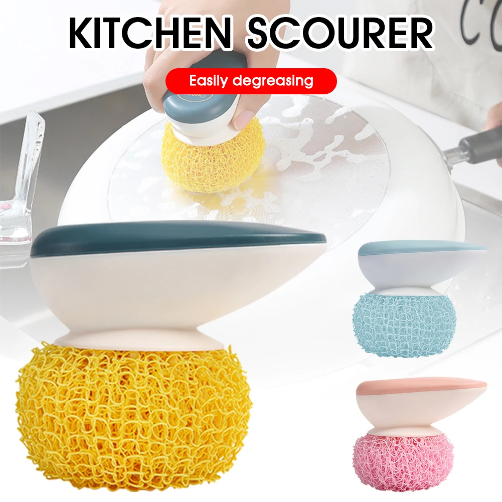 

Fiber Mesh Scourer with Plastic Handle Scrub Pad Kitchen Cleaning Tool Non Scratch Oil Stain Cleaner for Dish Pot Stovetop