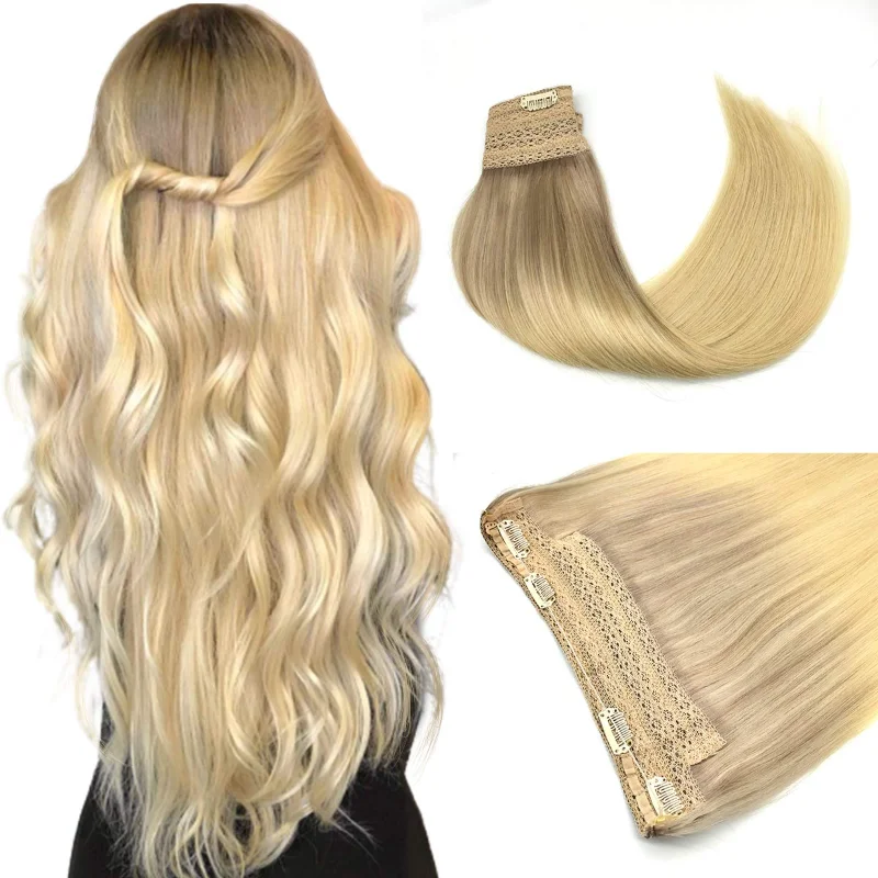 Straight Fish Line Human Hair Extension Halo Extensions Invisible Wire Remy Fishing with 4Clips | Шиньоны и парики