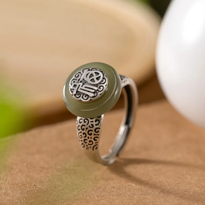 

Elegant Inlaid Natural Hetian Jade Opening Adjustable Ring Chinese Retro Blessing Women's Fine Jewelry Rings K0068