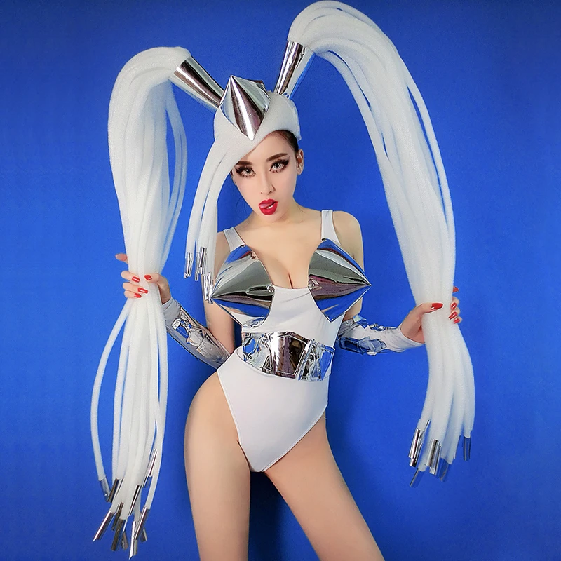 Сценические костюмы для певцов праздничный наряд сексуальное белое боди парик