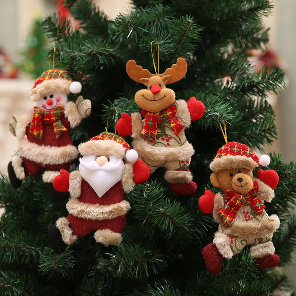 

4Pcs Christmas Tree Accessories Christmas Figurines Dancing Old Man Snowman Deer Bear Fabric Dolls Small Hang Decorations