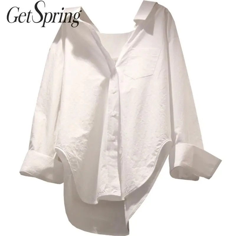 Getвесенняя женская рубашка с необычным длинным рукавом хлопковая белая блузка