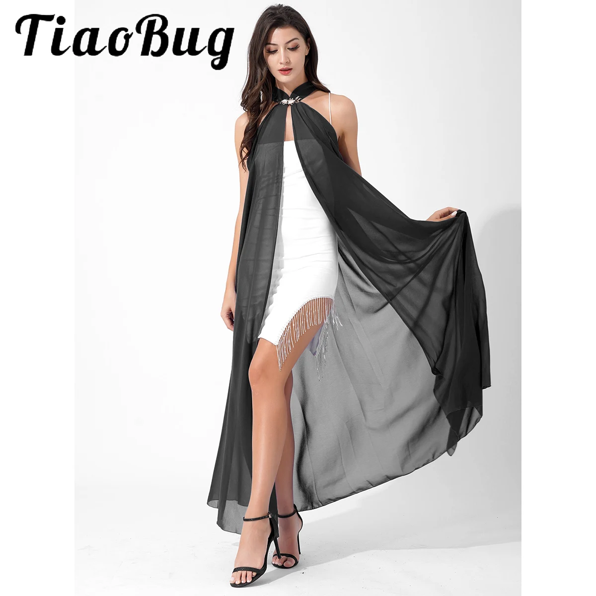 

Goldfish Button Chiffon Cloak Shawl Off Shoulder Opera Cape Stage PerformanceLong Cloak Cape Poncho Elegan Women Beach Photograp