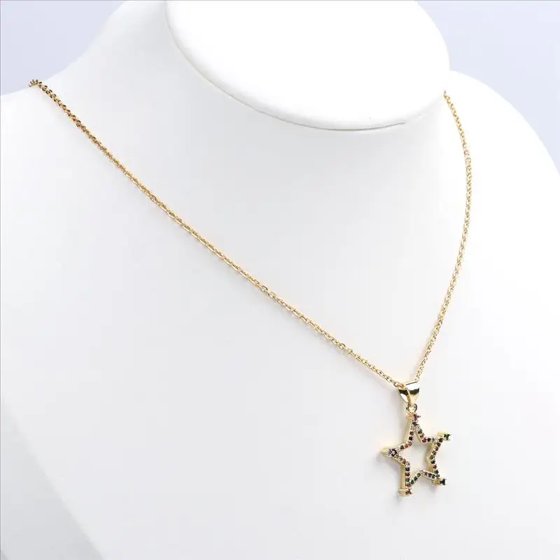 

1 PC New Stainless Steel & Copper Necklace Gold Color Pentagram Star Hollow Multicolour Cubic Zirconia For Women Gift 45cm Long