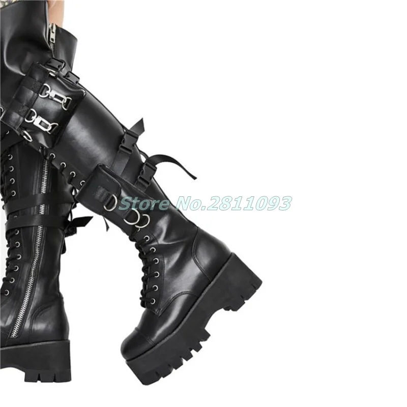 Knight Boots Black Leather Muffin Heel Knee High Runway Causal Winter Women Shoes Lace Up Bags Decor Motorcycle Boots Flat Heel