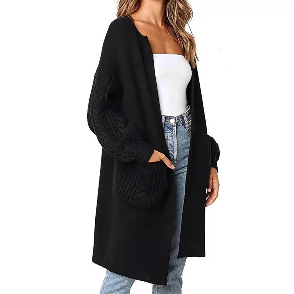 

FREE OSTRICH Long Cardigan Sweater For Women Lantern Sleeve Top With Pockets 2020 Autumn Women's Clothing Casual Knitwear
