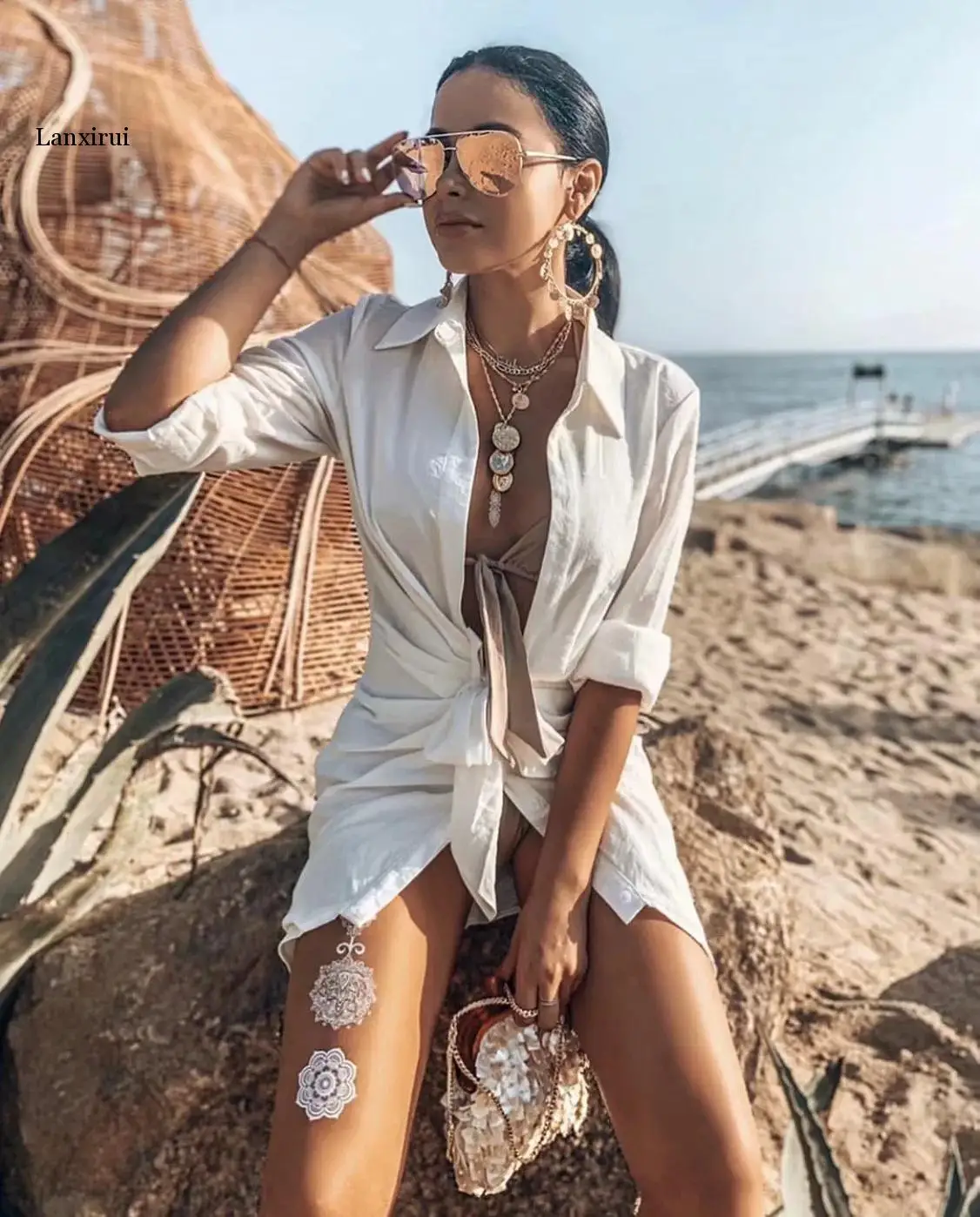 

Spring New Women Lapel Long Sleeve Irregular Turn-down Collar Female Shirt Sunscreen dobby covered hips
