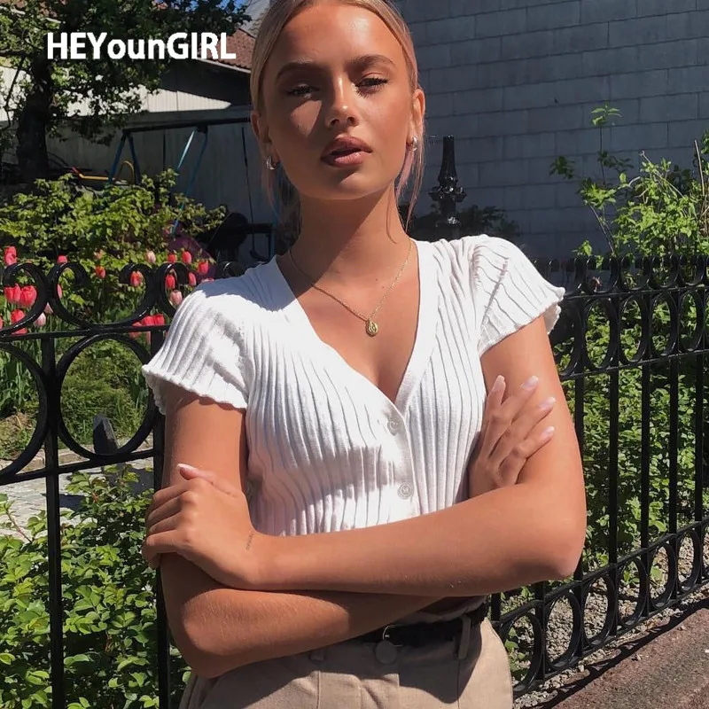 Женская футболка с оборками HEYounGIRL Повседневная белая короткая V образным вырезом