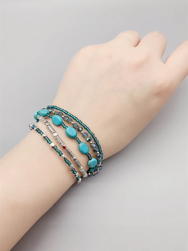 

5 Strands Of 7*8mm Oval Turquoise Bracelet With 3*4mm Teal Crystals Antique Silver Beads Magnetic Clasp For Women Girls 7.5 Inch