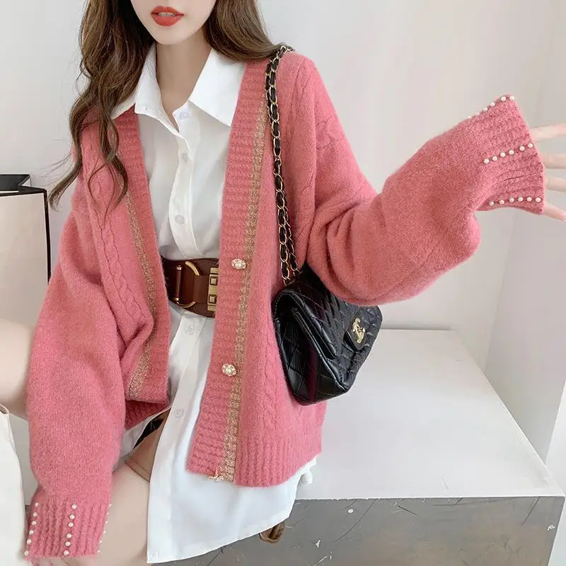 

Женский трикотажный кардиган на пуговицах, повседневный однотонный свободный свитер с V-образным вырезом, джемпер с длинными рукавами в Кор...