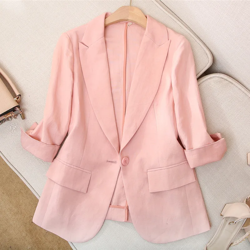

Pink women's suit blazer summer thin linen women's suit jacket women's 3/4 sleeve casual suit blazer блейзер женский