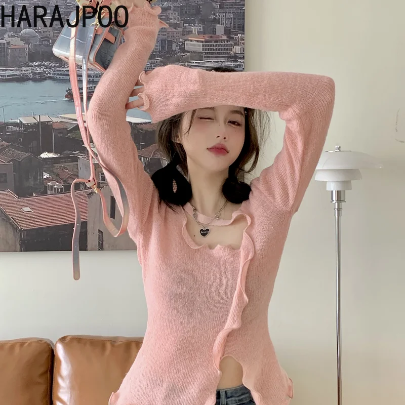 

Пуловер Harajpoo женский однотонный корейский модный вязаный Асимметричный свитер-футляр 2022 весенне-осенний тонкий повседневный розовый свит...