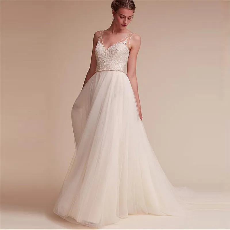 

Прозрачное свадебное платье-трапеция с V-образным вырезом и бисером, Тюлевая юбка, индивидуальный белый мягкий пляжный простой кружевной на...