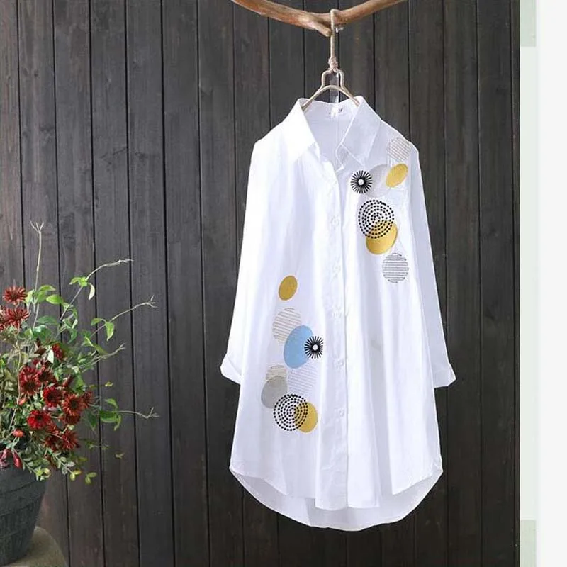 

New Women White Shirt 100% cotton Casual Wear Button Up Turn Down Collar Long Sleeve Blouse Embroidery Feminina HOT Sale F106