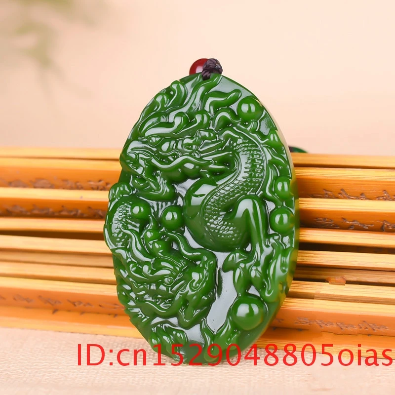 Китайский Натуральный дракон зеленый нефрит кулон бусины ожерелье ручной резки