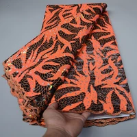 2021 african lady asoebi big party dress material in black and orange with shinning sequins turtle lace french fabric tulle t182