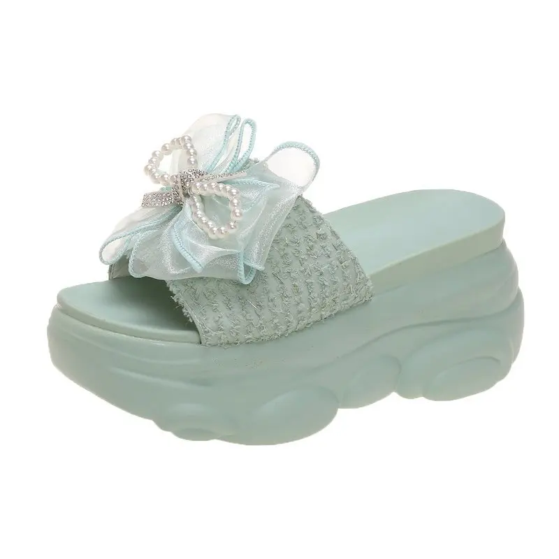 

Female Shoes Slippers Flat Luxury Slides Women Heels Butterfly-Knot On A Wedge Platform 2021 Designer High Summer Fashion PU