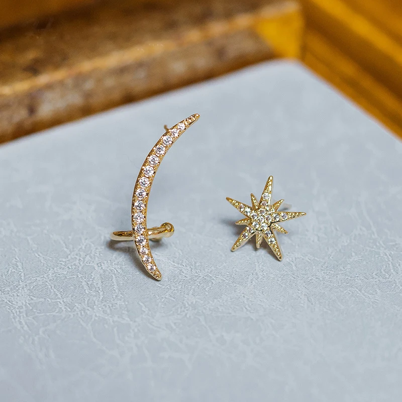 

QS19 Womens Fashion Korean Earrings Clip on Earrings Fake Piercing Asymmetrical Star Moon Earring Gift Earrings for Women 2021