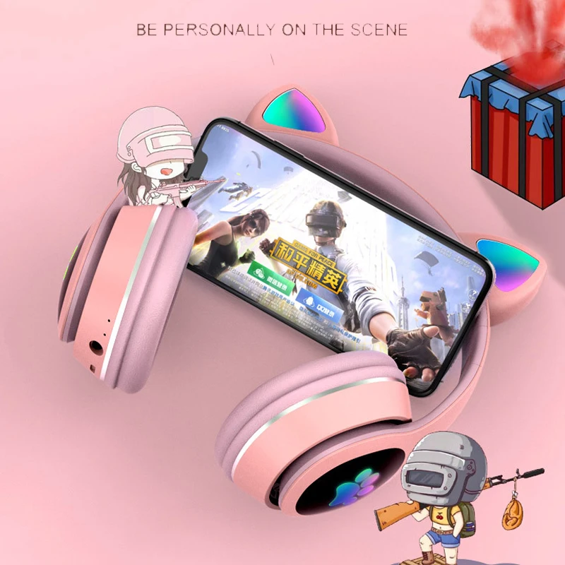 

Cute Cat Ear Headphone Bluetooth 5.0 Wireless Heaset RGB Bass Noise Cancelling Earphones for Adults Kids Support TF Card