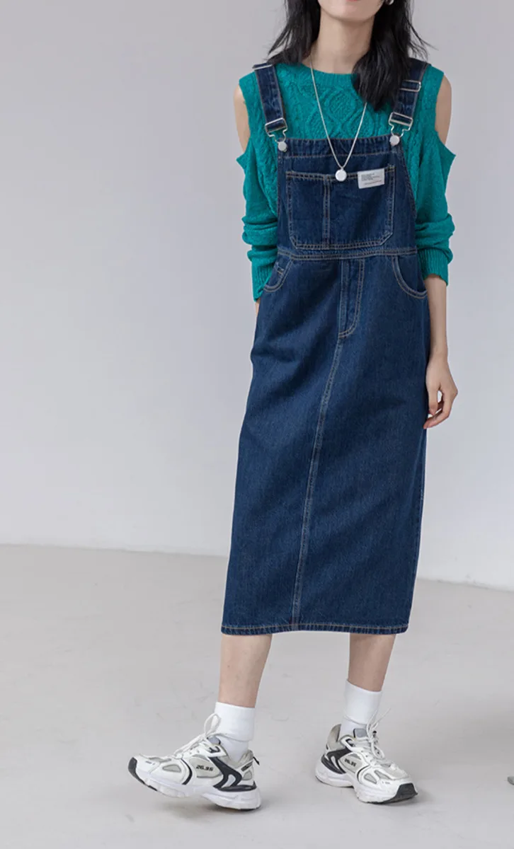 

Женская джинсовая юбка на бретельках, новинка 2021, свободное прямое повседневное облегающее платье средней длины