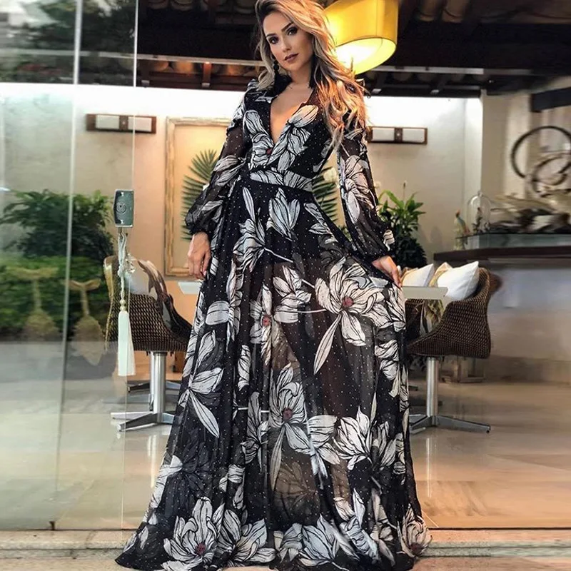 

2021 New Women's Dress Sexy Deep V Long Sleeve Printed Long Dress Casual Vacation Dress Vestido De Mujer Covering Bohemian Dress