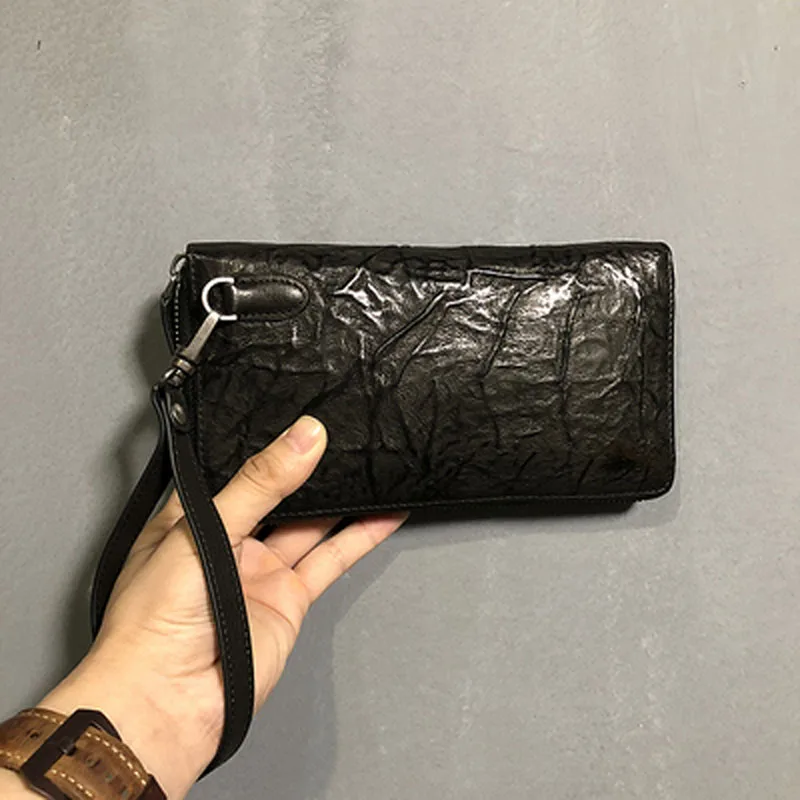 Hand-grained folds original handmade men's wallet first layer cowhide vintage distressed black multi-card pocket handbag