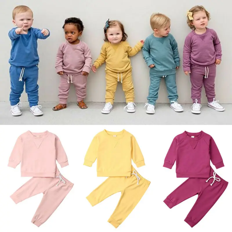 

2021 Baby Spring Autumn Clothing Infant Baby Girl Boy Unisex Solid Tracksuit Outfits Long Sleeve Top+Pant Clothes 2Pcs Set 6M-4T