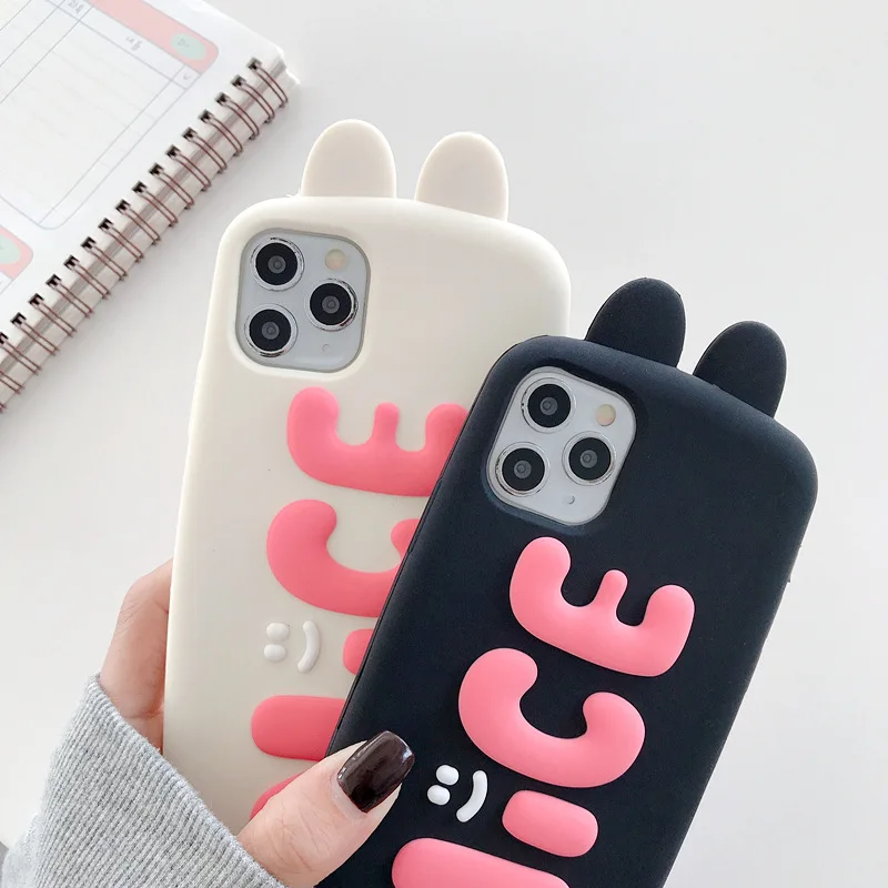 

Creative 3d rabbit ear Case for IPhone 12 Mini 11 Pro Max Soft Silicone Kawai Phone Back for Iphone 12 Promax With phone strap